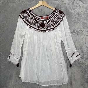 Nativa Tunic Top Womens Medium Embroidered Boho Peasant Blouse Tassel Bohemian